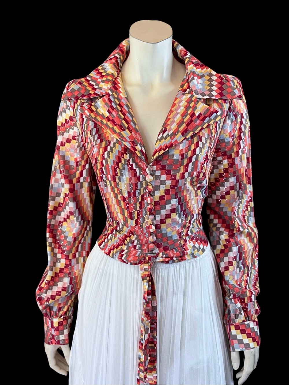1970s Psychedelic Geometric Mosaic Multi Colour Metallic Tie-Waist Blouse | M